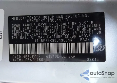 2011 Toyota Camry Se/Le/Xle from USA, damaged, VIN 4T1BF3EK9BU196014